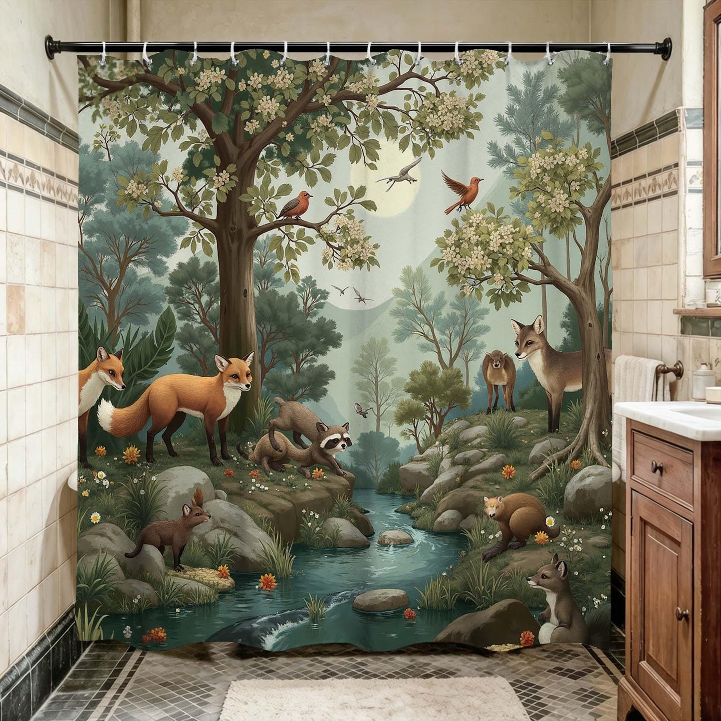 Woodland Animal Shower Curtain, Forest Fox Raccoon and Birds by Stream Print Bathroom Curtain,Nature Bathroom Decor.