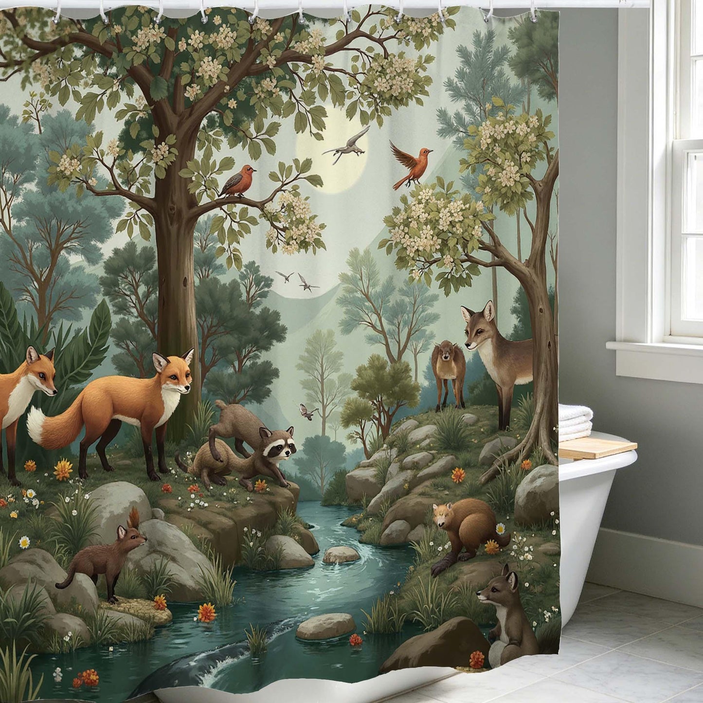 Woodland Animal Shower Curtain, Forest Fox Raccoon and Birds by Stream Print Bathroom Curtain,Nature Bathroom Decor.