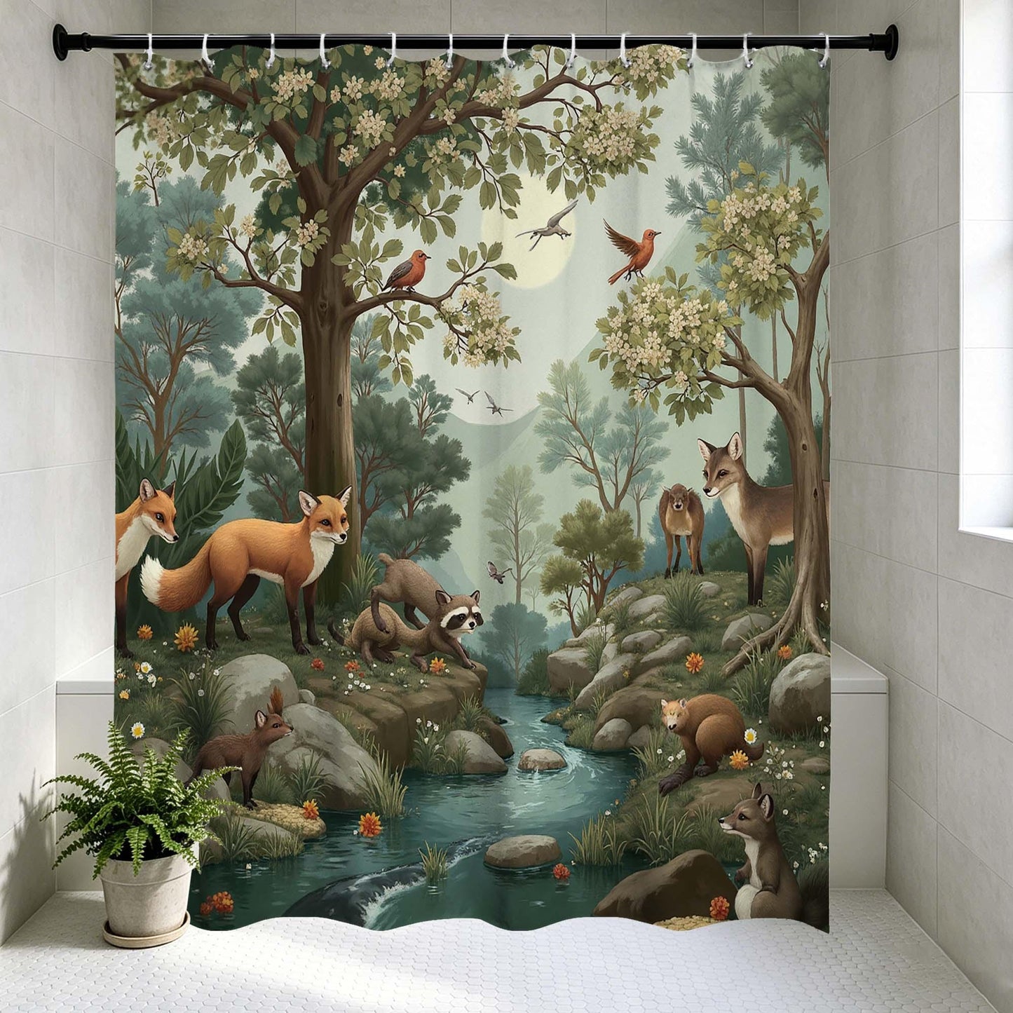 Woodland Animal Shower Curtain, Forest Fox Raccoon and Birds by Stream Print Bathroom Curtain,Nature Bathroom Decor.