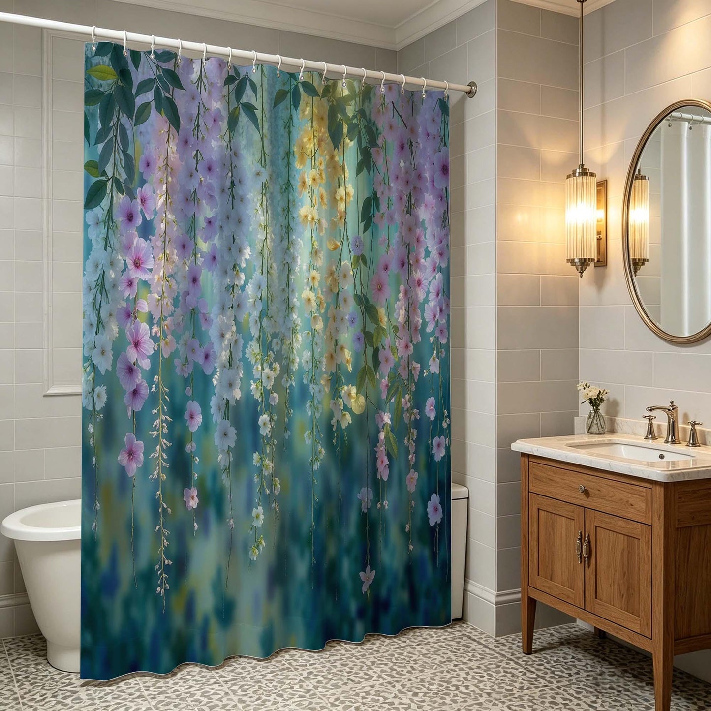 Boho Floral Shower Curtain, Dreamy Watercolor Hanging Flower Vines Print Bathroom Curtain, Teal Green Background Botanical Blossom.