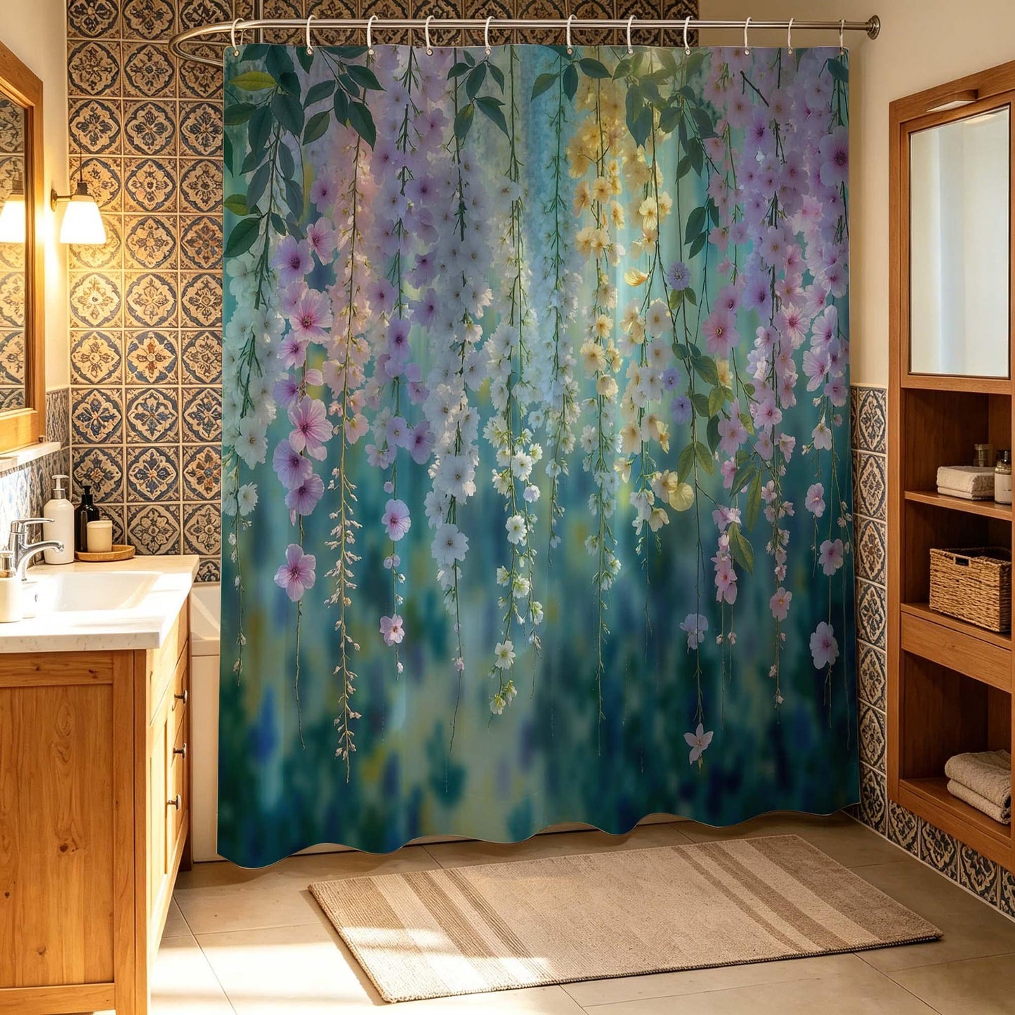 Boho Floral Shower Curtain, Dreamy Watercolor Hanging Flower Vines Print Bathroom Curtain, Teal Green Background Botanical Blossom.