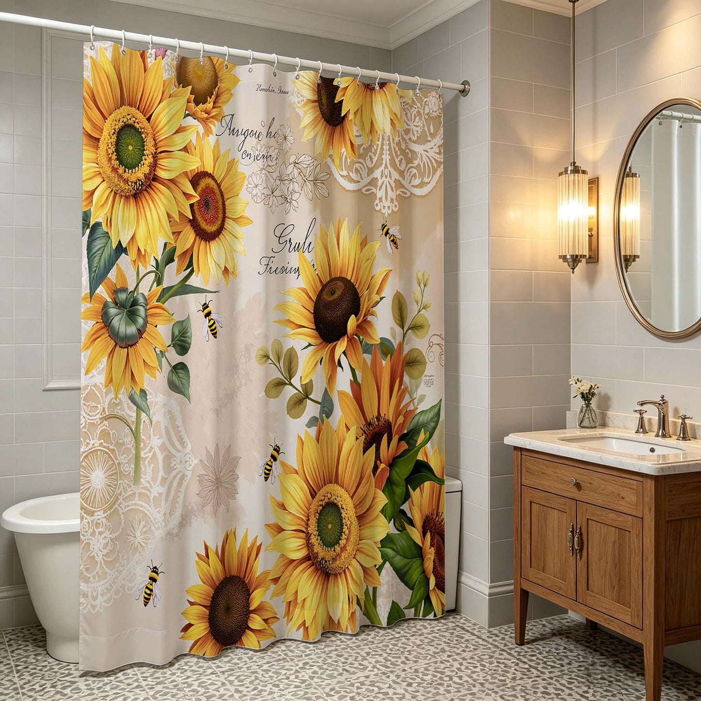 Sunflower Shower Curtain,Vintage Yellow Sunflower with Bees and Lace Print Fabric Bathroom Curtain,Rustic Farmhouse Floral Shower Curtain.