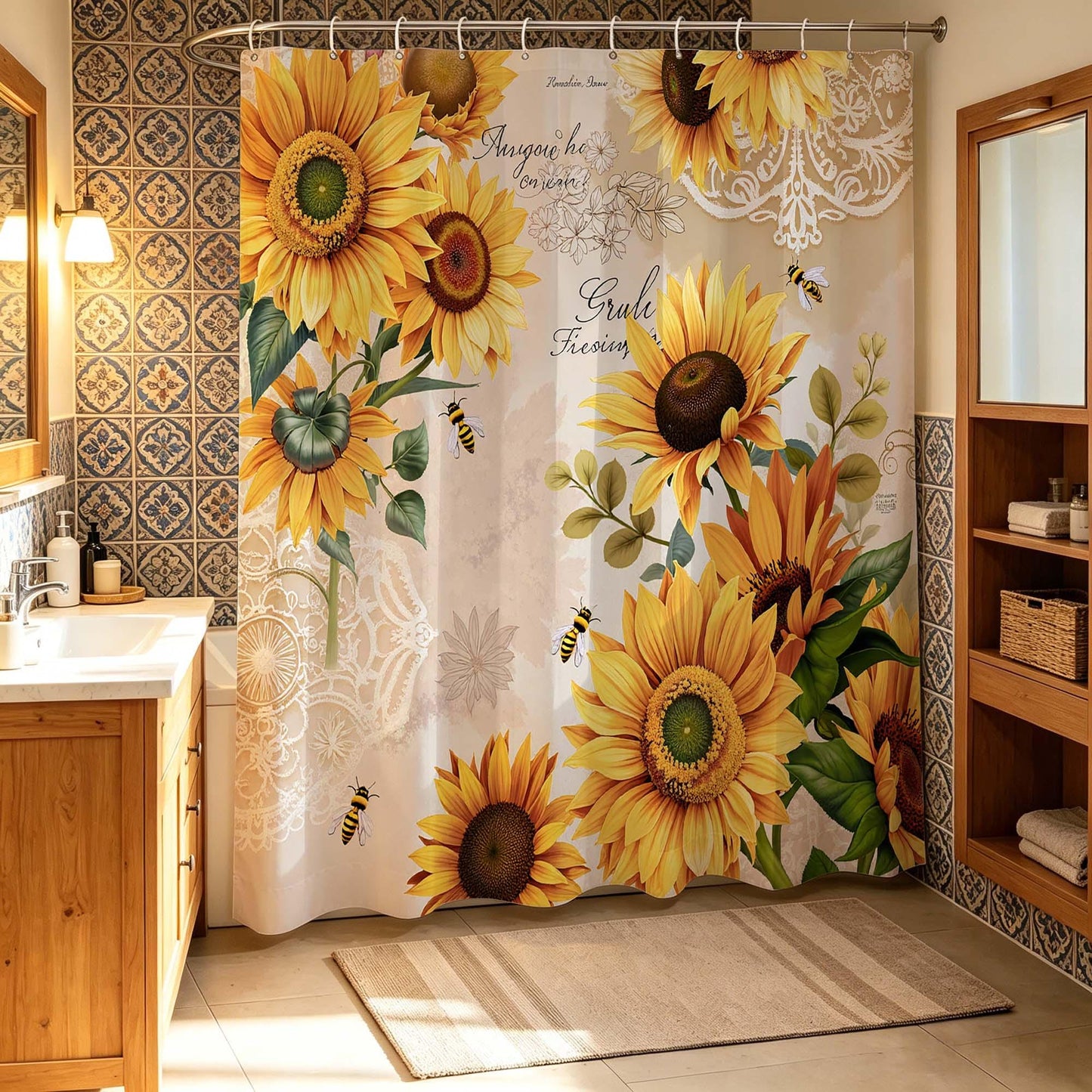 Sunflower Shower Curtain,Vintage Yellow Sunflower with Bees and Lace Print Fabric Bathroom Curtain,Rustic Farmhouse Floral Shower Curtain.
