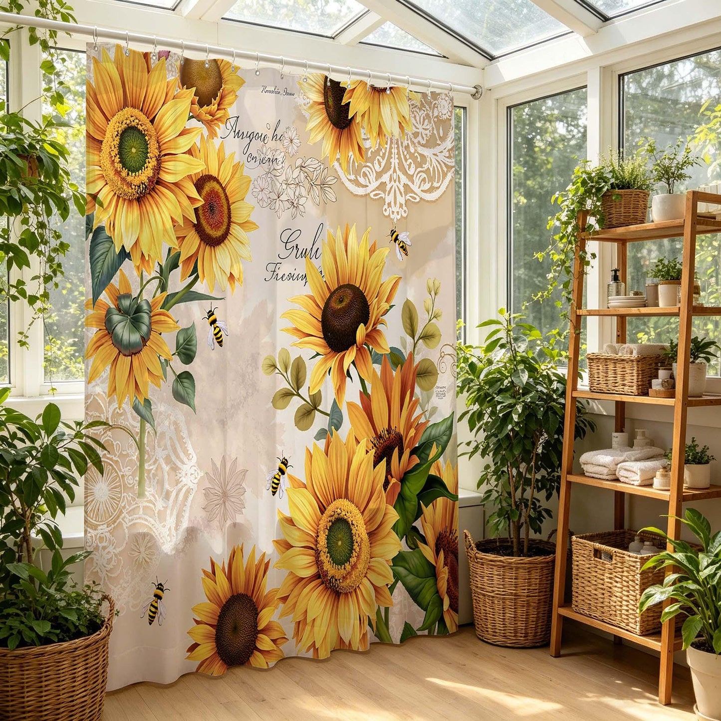 Sunflower Shower Curtain,Vintage Yellow Sunflower with Bees and Lace Print Fabric Bathroom Curtain,Rustic Farmhouse Floral Shower Curtain.