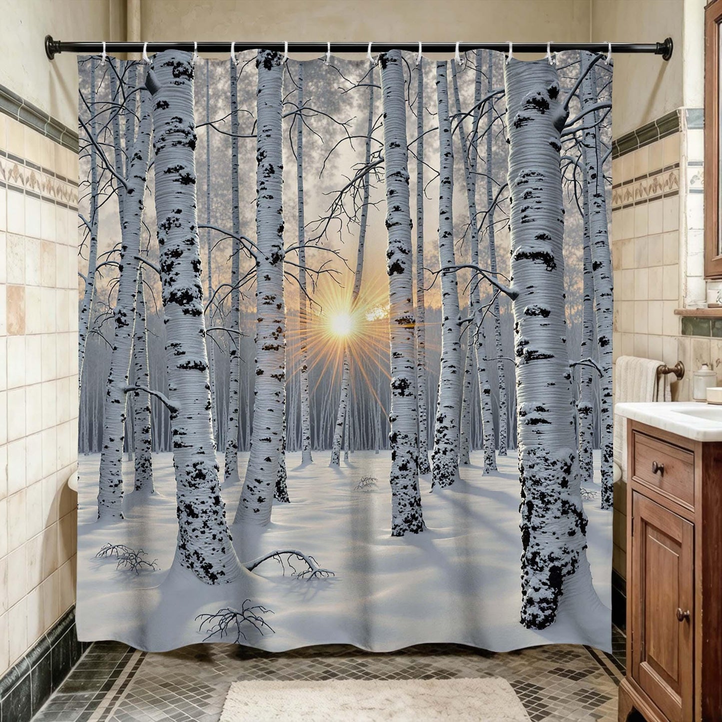 Winter Birch Tree Shower Curtain,Snowy Forest Sunrise Nature Scene Bathroom Curtain,White Birch Woodland Landscape Fabric Shower Curtain.