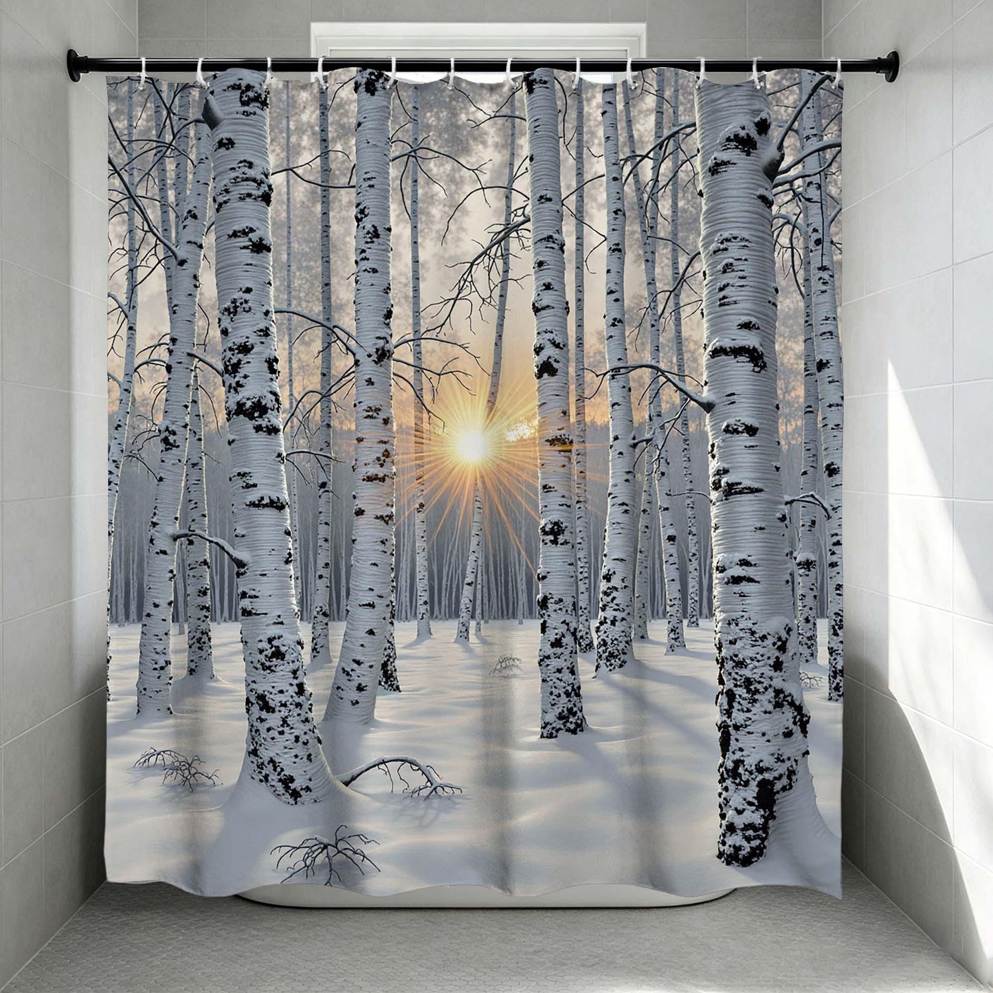 Winter Birch Tree Shower Curtain,Snowy Forest Sunrise Nature Scene Bathroom Curtain,White Birch Woodland Landscape Fabric Shower Curtain.