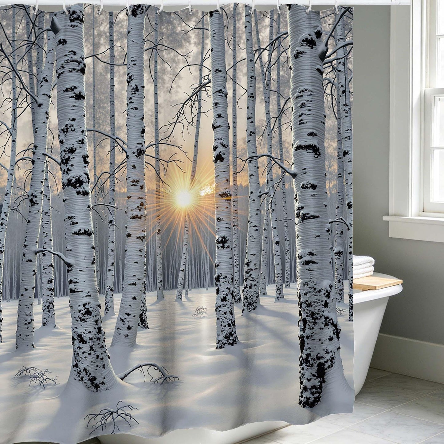Winter Birch Tree Shower Curtain,Snowy Forest Sunrise Nature Scene Bathroom Curtain,White Birch Woodland Landscape Fabric Shower Curtain.