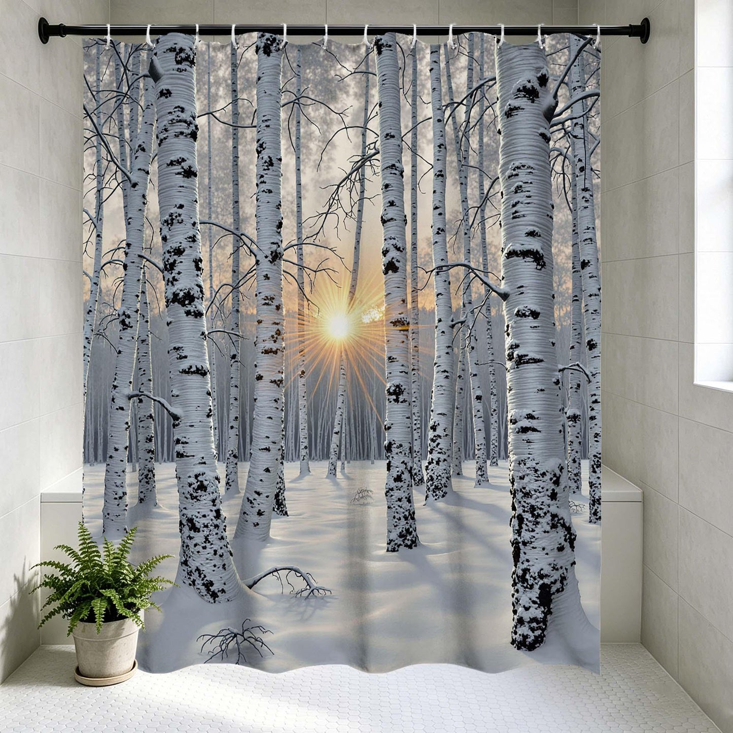 Winter Birch Tree Shower Curtain,Snowy Forest Sunrise Nature Scene Bathroom Curtain,White Birch Woodland Landscape Fabric Shower Curtain.