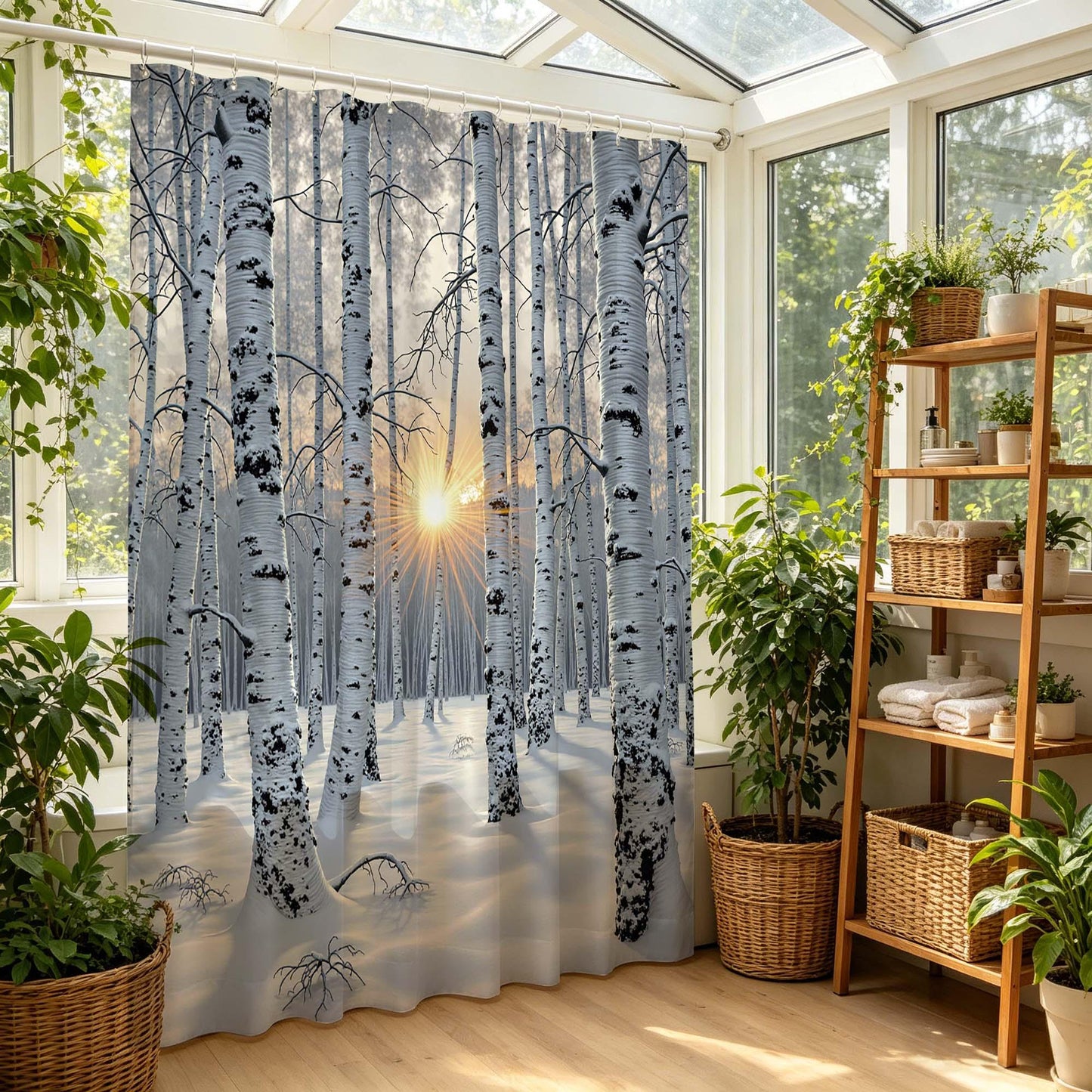 Winter Birch Tree Shower Curtain,Snowy Forest Sunrise Nature Scene Bathroom Curtain,White Birch Woodland Landscape Fabric Shower Curtain.